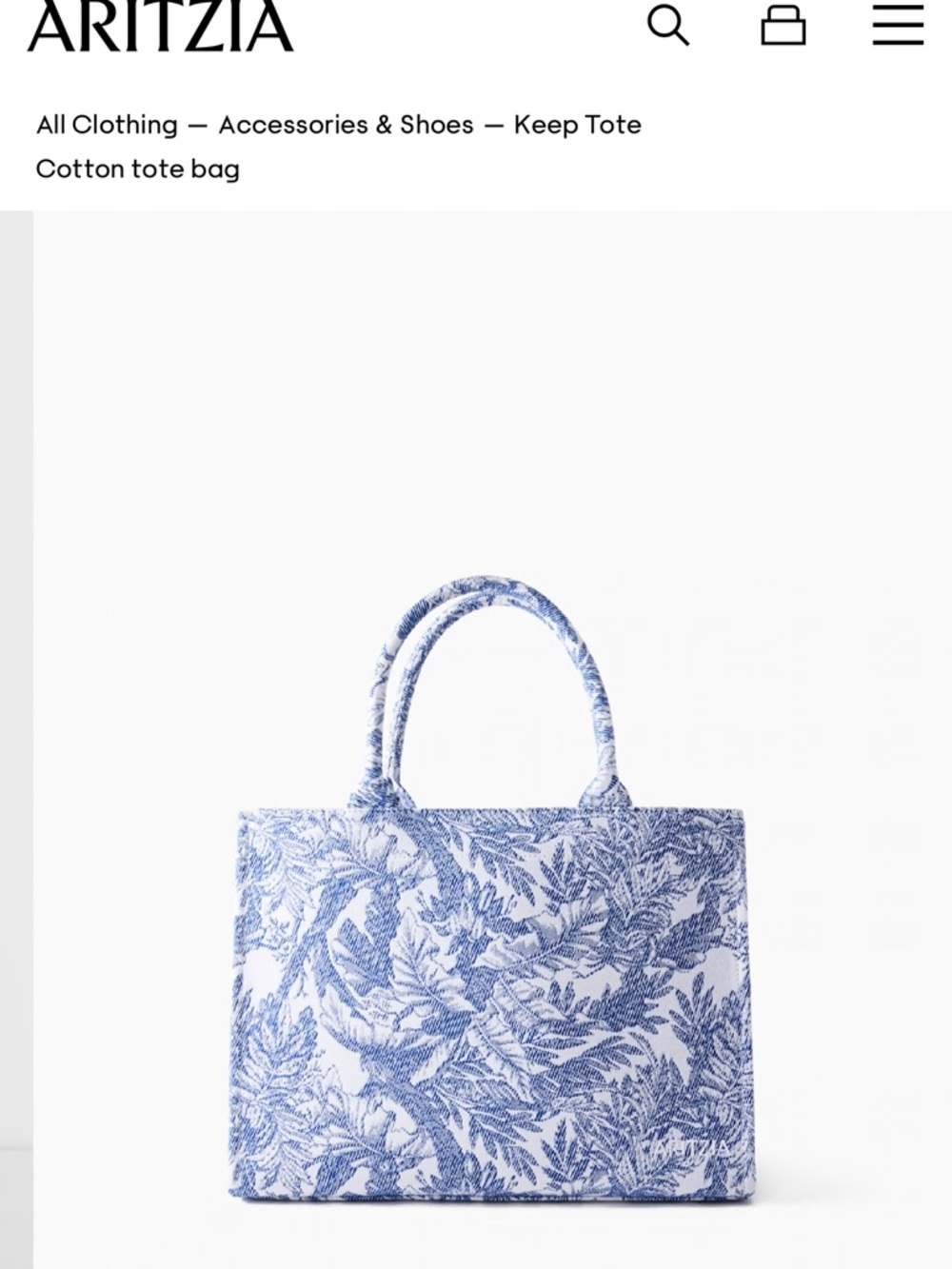 EUC ARITZIA Blue and White Botanical Cotton Tote - Picture 2 of 7
